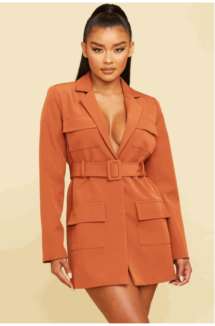 Belted Pocket Blazer Dress
