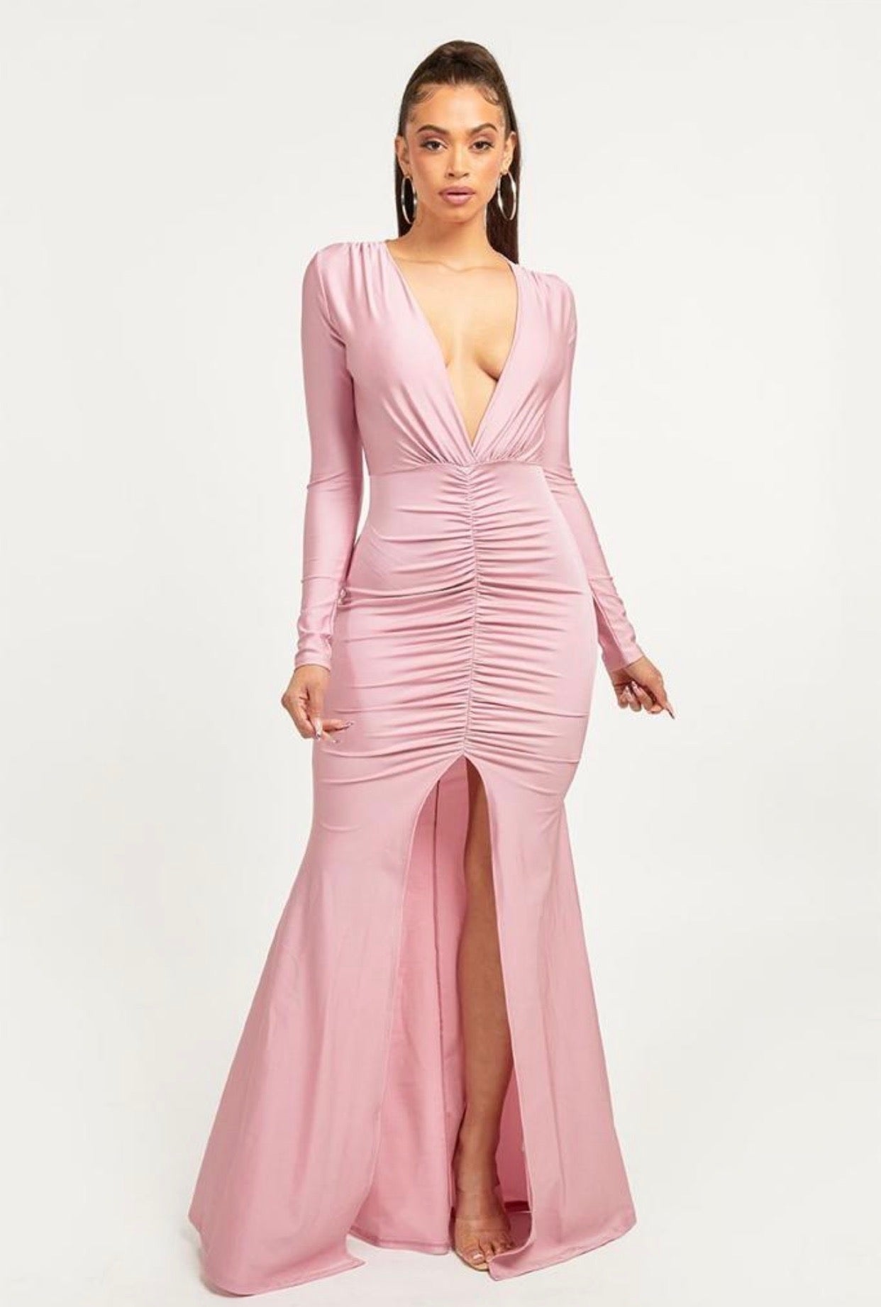 chinese dress ladies Iris Long Sleeve Satin Maxi Dress / Soft Pink | Meshki