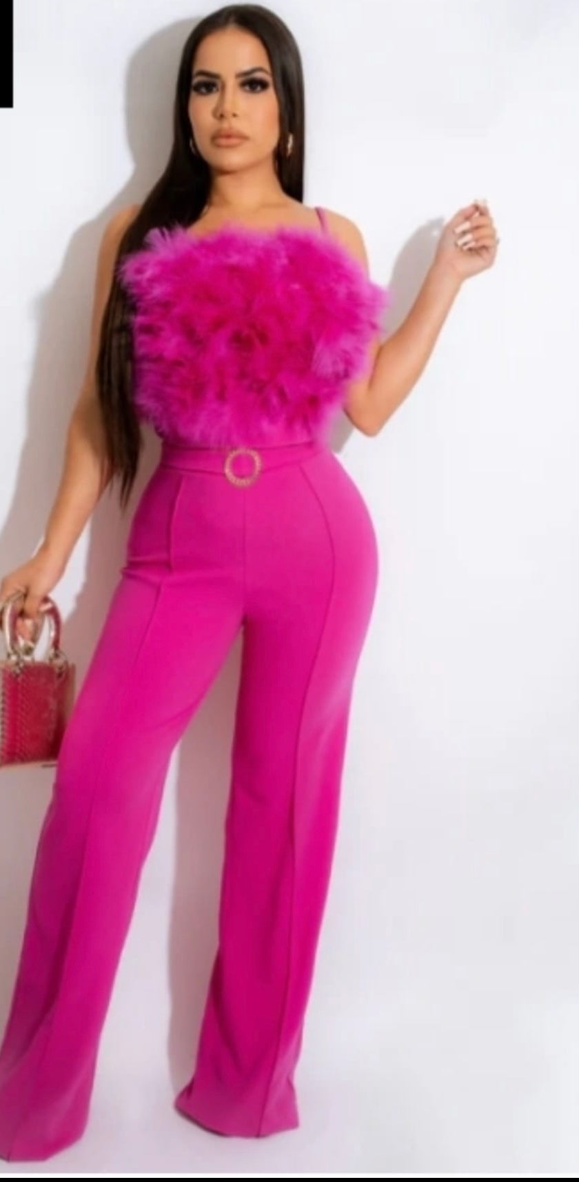 Party Night Feather Pant Set - Magenta