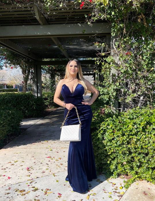 Kylie Inspired Blue Velvet Maxi Dress