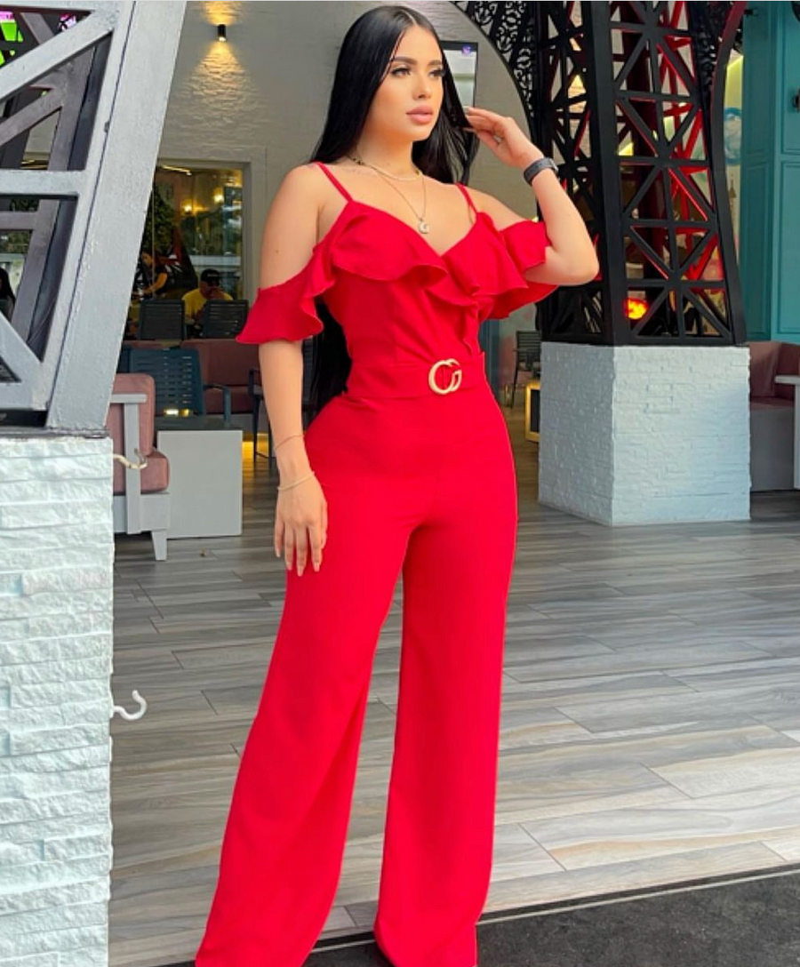 GG Fancy Off Shoulder Red Jumpsuit